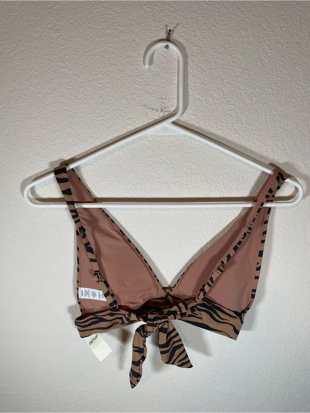 Aerie Pique Tiger Stripe Tie Front Longline Triangle Bikini Top Black / Brown - Picture 5 of 7
